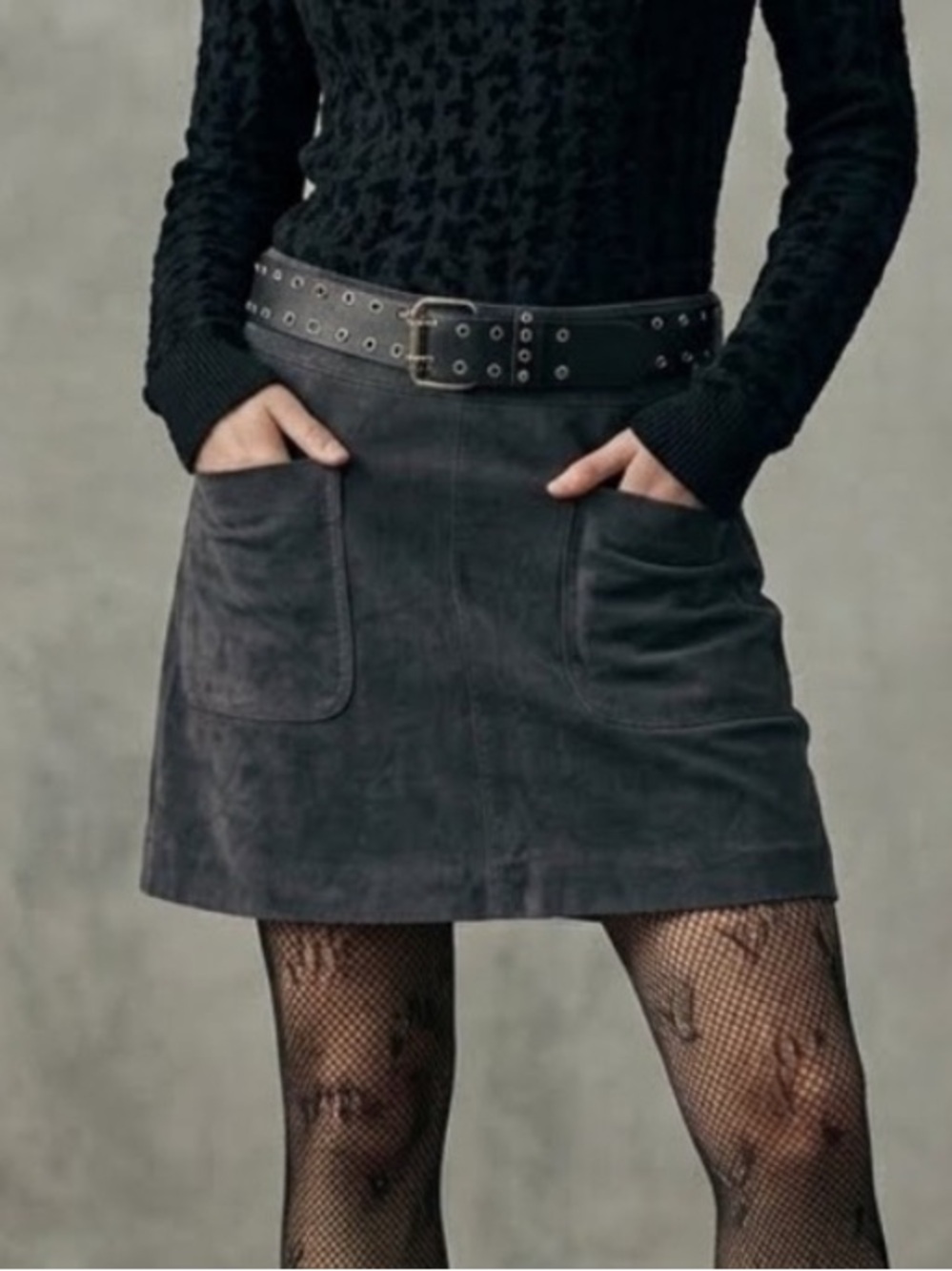 Bagatelle 90s Vintage Suede Leather Mini Skirt Punk Pockets Charcoal Gray Medium